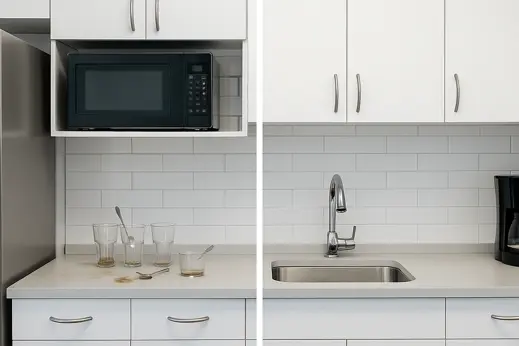 Office kitchenette before and after cleaning in Berlin, surfaces and sink area look hygienically clean.