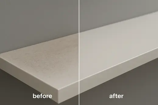 Office shelf before and after dusting in Berlin, dust removed from folders and edges.