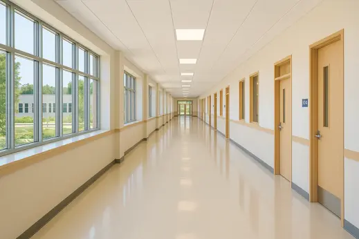 Langer Schulflur mit Fenstern und Türen zu Klassenräumen – glänzend gepflegter, gründlich gereinigter Boden, Berlin.