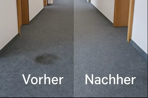 Vorher/Nachher: Teppichboden im Büro – sichtbare Flecken und Laufspuren vs. shampooniert und aufgefrischt, Berlin.