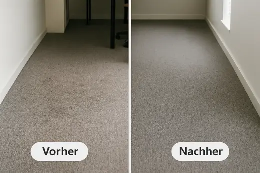 Vorher/Nachher: Büroraum mit Teppich – Grauschleier und Flecken vs. gleichmäßig sauberer, gepflegter Teppichboden, Berlin.