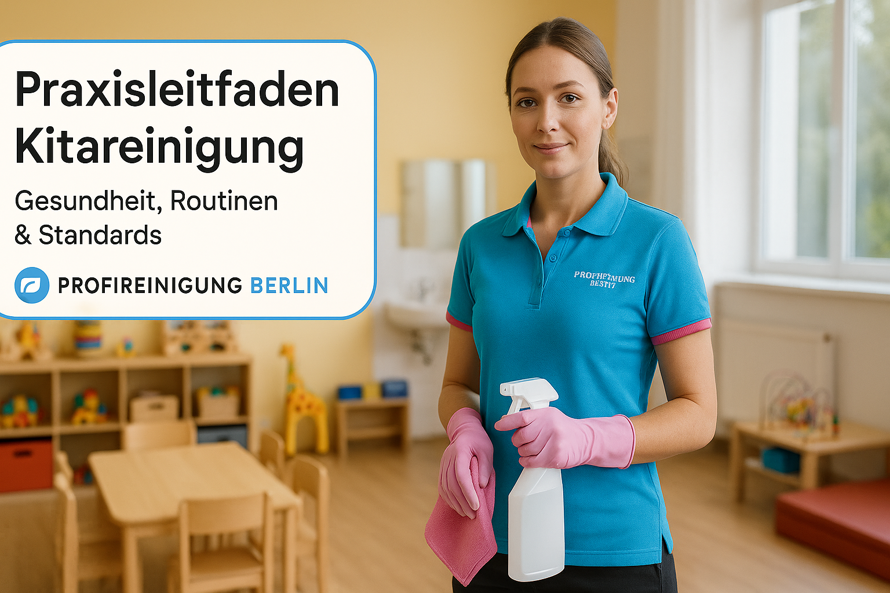 Reinigungskraft von Profireinigung Berlin säubert einen hellen Kita-Gruppenraum; Fokus auf Gesundheit, Routinen und kindgerechte Hygiene.