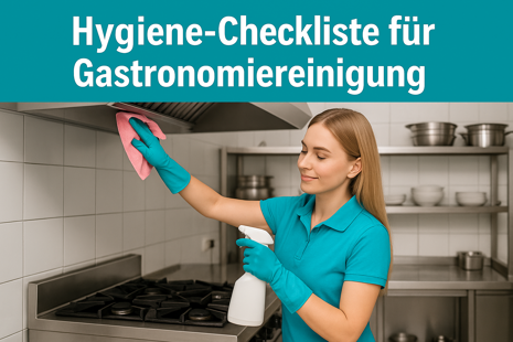 Mitarbeiterin in türkisfarbenem Shirt reinigt Gastronomieküche; Banner-Text „Hygiene-Checkliste für Gastronomiereinigung“.