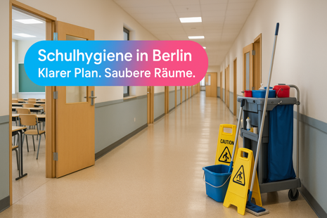 Reinigungskraft wischt einen Schulflur in Berlin; sichere, rutschhemmende Bodenpflege und Hygiene nach Plan.